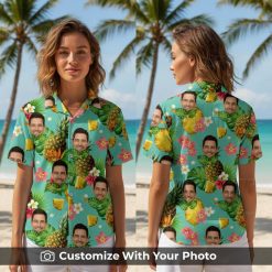 Woman wearing custom aqua blue Hawaiian shirt with her face, pineapples, and tropical flowers