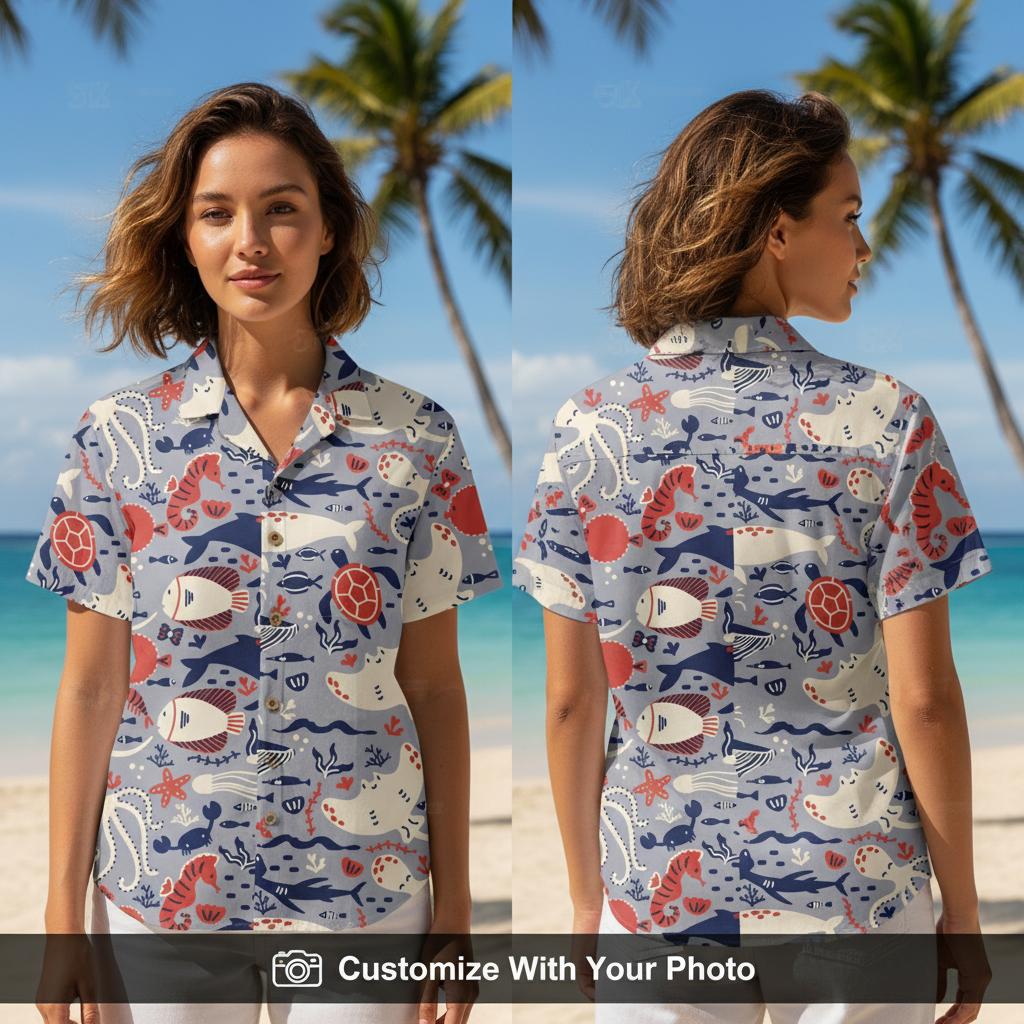 Ocean Hawaiian Shirt Men's Custom Photo Design with Sea Animals Pattern ALT: Personalized fish shirt photos custom Hawaiian shirt reviews testimonial - fish hawaiian shirt