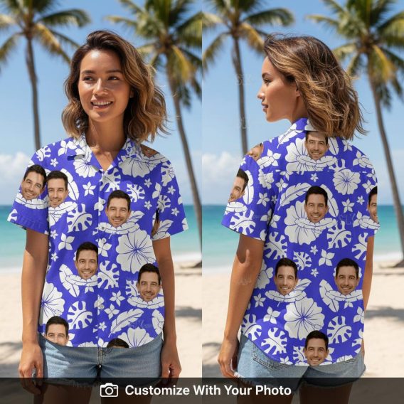 Woman wearing custom Hawaiian shirt with blue hibiscus flowers and face print