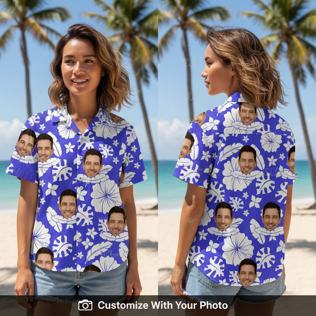 custom face hawaiian shirt - tropical blue floral pattern woman wearing
