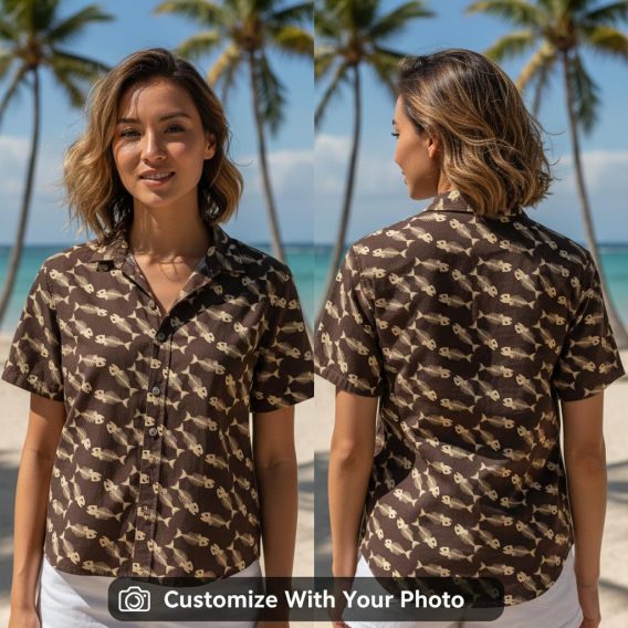 Woman wearing tropical fish Hawaiian shirt with brown and beige fish pattern