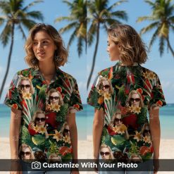 Woman wearing Tropical Fruit Hawaiian Shirt with sunglasses and bright fruit pattern