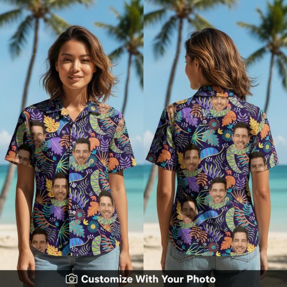 Woman wearing 80s Hawaiian shirt with custom face print and purple tropical leaves