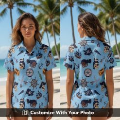 Woman wearing blue pirate skull Hawaiian shirt with treasure map and ship pattern outdoors