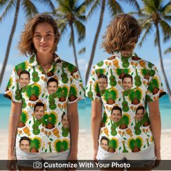 Smiling woman wearing custom Hawaiian shirt with face and palm tree pattern outdoors