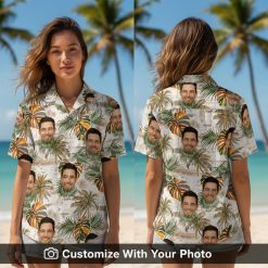 Woman wearing vintage Hawaiian shirt with face art and tropical palm leaf patterns
