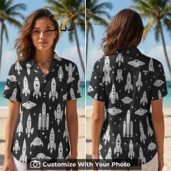 Woman wearing Yoda Hawaiian shirt with rockets and stars in black and white Aloha style
