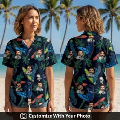 Woman wears black Hawaiian shirt with surfing dinosaurs and palm trees design