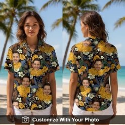 Woman wearing black floral Hawaiian shirt with custom face and yellow tropical flowers