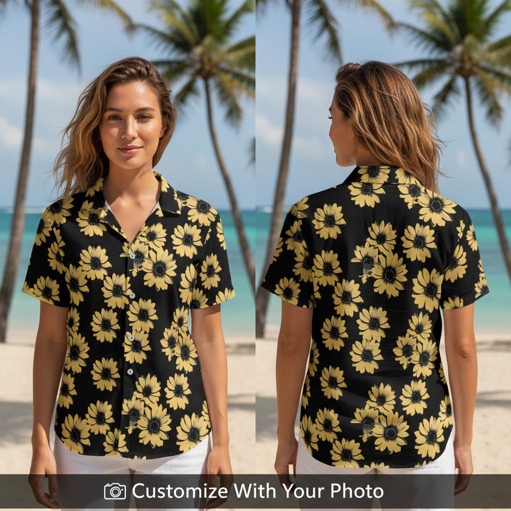 Woman wearing black and gold sunflower print Hawaiian shirt with bold yellow floral pattern