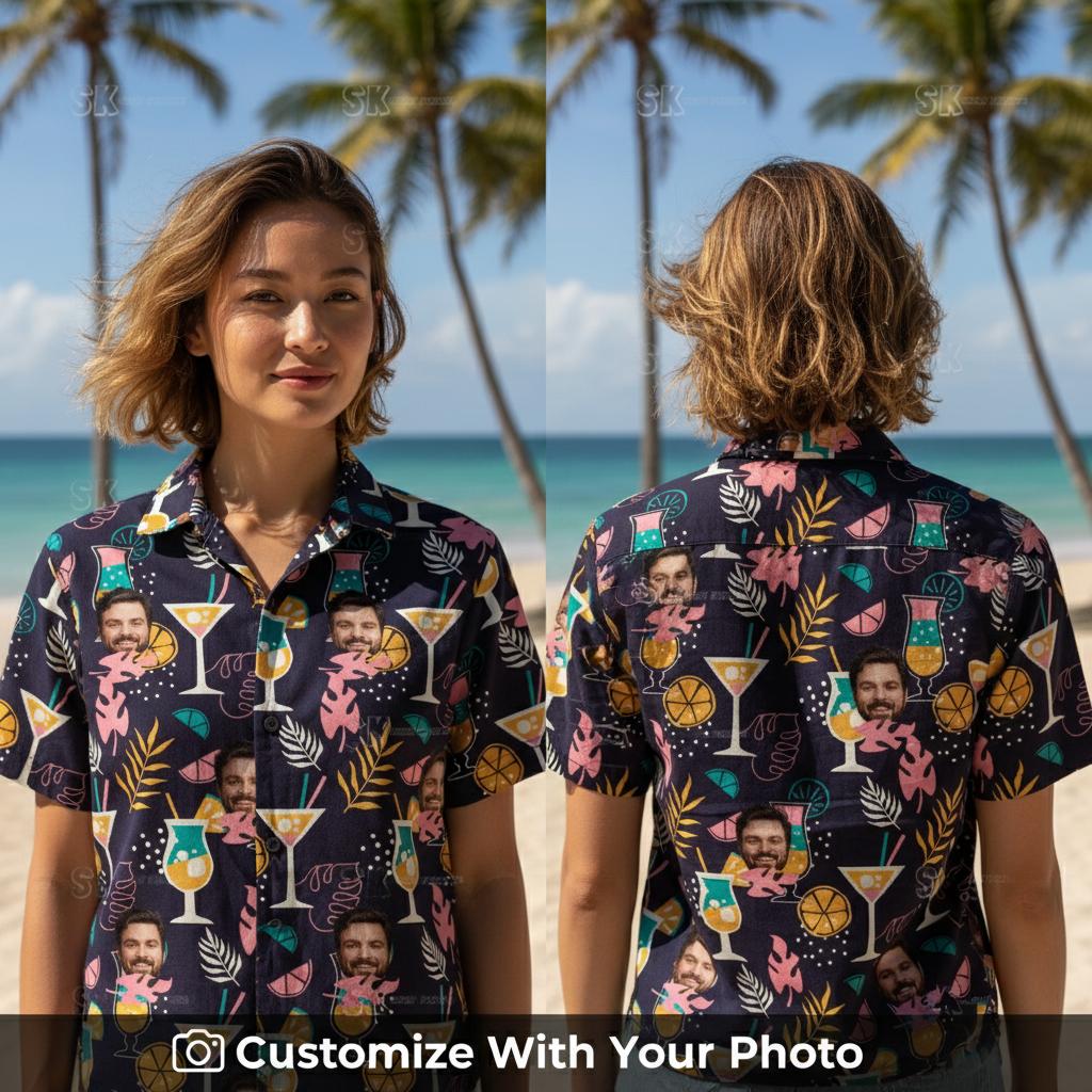 black hawaiian shirt custom face tropical flowers woman wearing colorful pattern