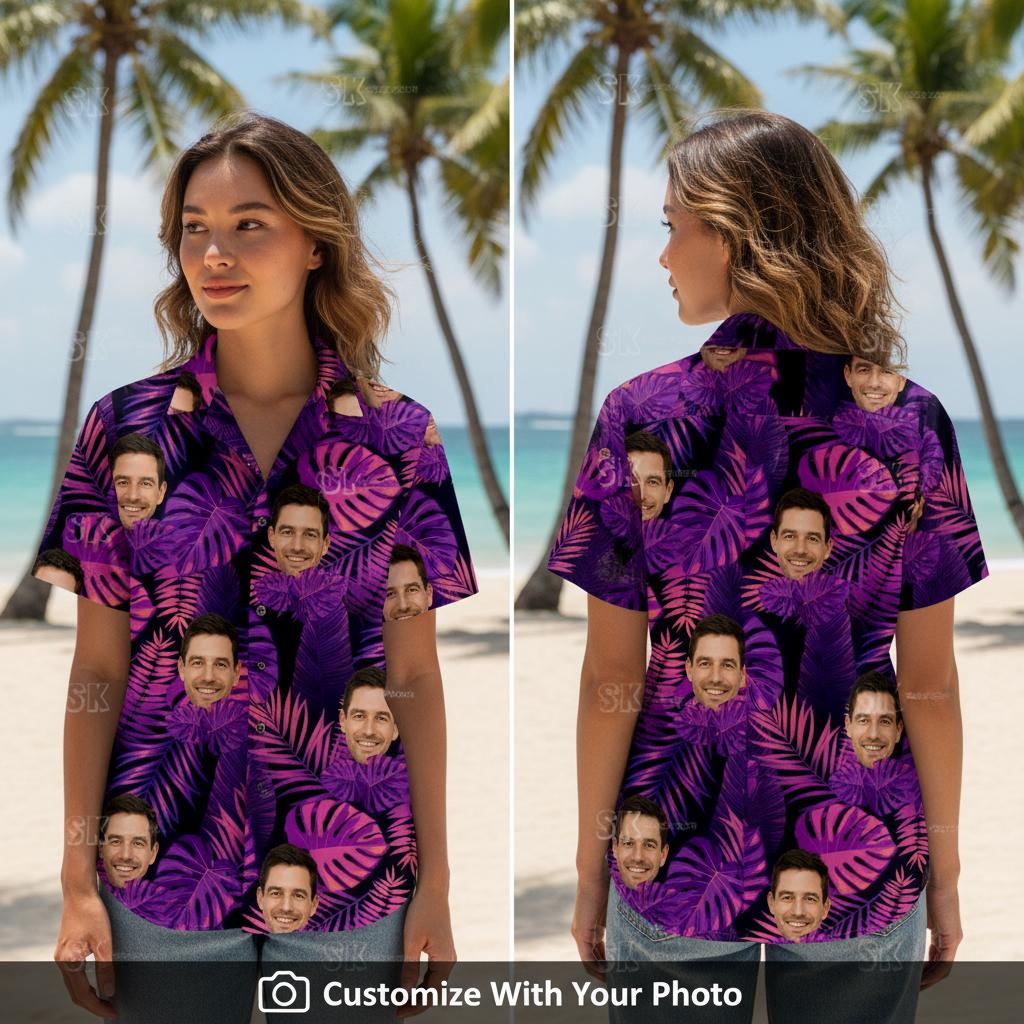 Woman wearing a black and purple Hawaiian shirt with custom face and tropical leaves