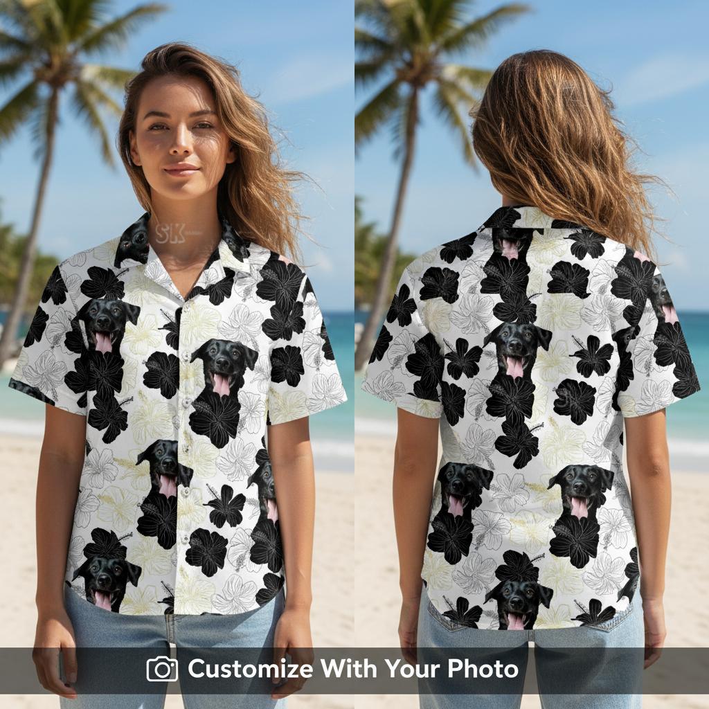 dog face hawaiian shirt black white custom photo womens shirt design