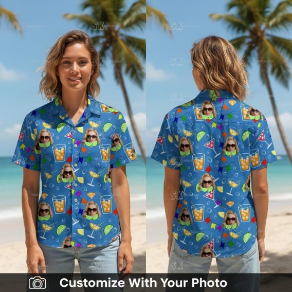 Woman wearing blue Hawaiian shirt with cocktails, faces, sunglasses and colorful summer pattern