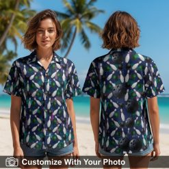 Woman wearing a dark blue Hawaiian shirt with bowling pins and balls pattern