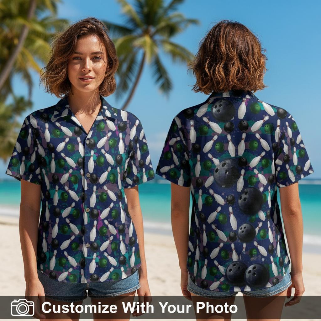Woman wearing a dark blue Hawaiian shirt with bowling pins and balls pattern