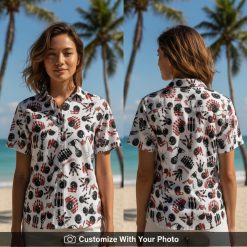 Woman wearing bowling-themed Hawaiian shirt with pins, balls, and gloves in bold colors
