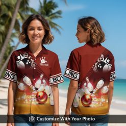 Woman wearing custom bowling shirt with maroon orange gradient and dynamic patterns