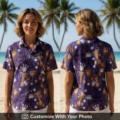 Woman wearing a bowling-themed Hawaiian shirt with purple and orange bowling patterns