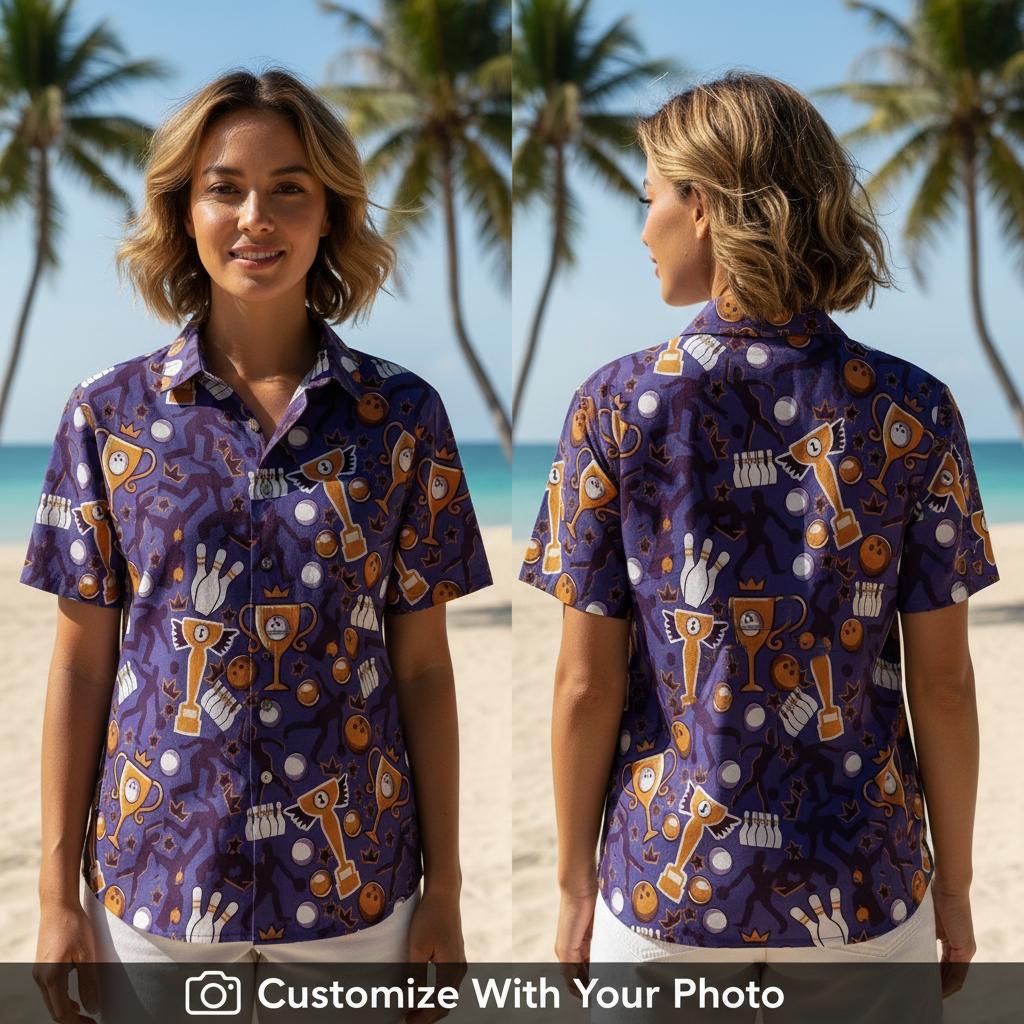 Woman wearing a bowling-themed Hawaiian shirt with purple and orange bowling patterns
