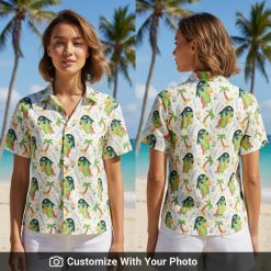 Woman in parrot pirate Hawaiian shirt with green and yellow print at a backyard BBQ
