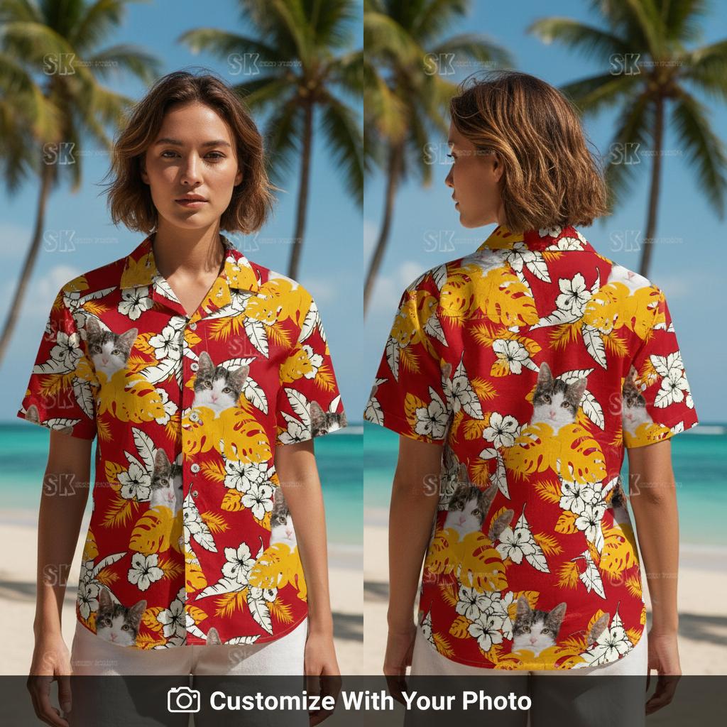 Woman wearing Hawaiian shirt with custom cat face and bold tropical leaf print