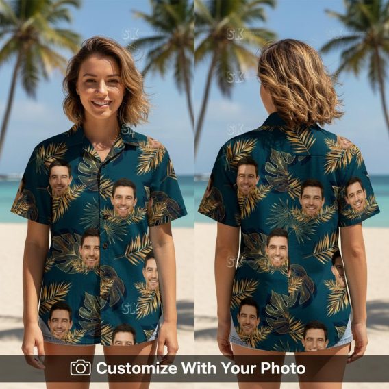 Woman wearing tropical green Hawaiian shirt with custom face and palm leaves