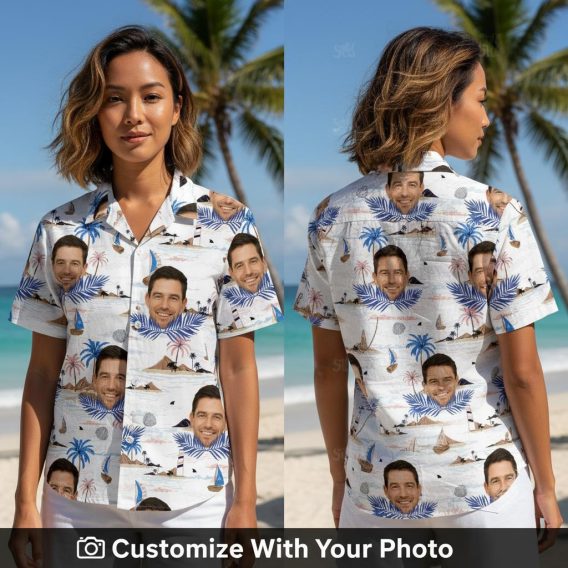 Woman in custom face vintage Hawaiian shirt with blue palms and sailboats outdoors