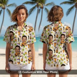 Woman wearing custom Hawaiian shirt with face and tropical guitars pattern