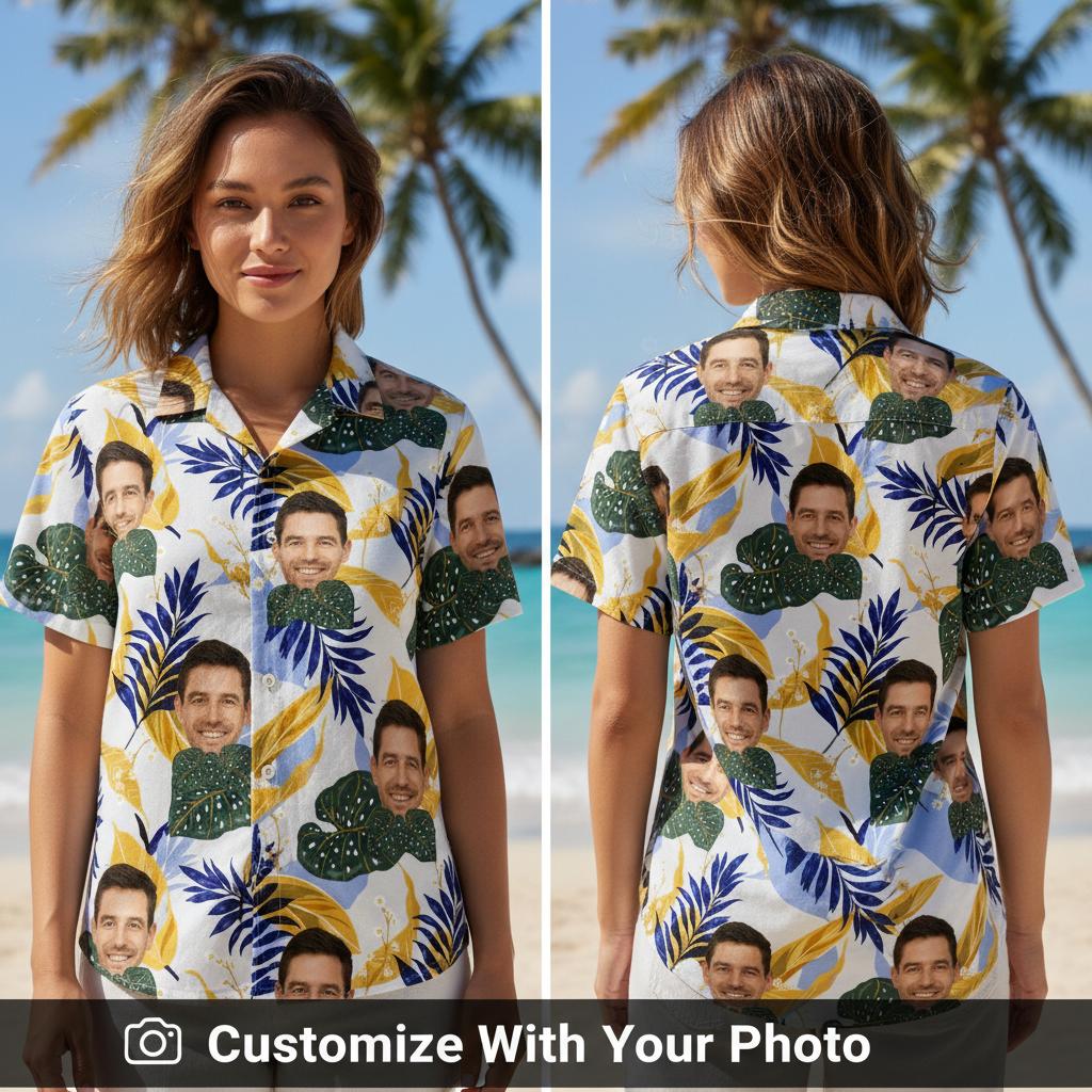 Woman wearing a white Hawaiian shirt with custom face and tropical leaf designs