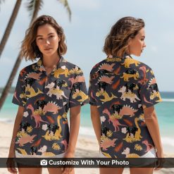 Woman wearing a funny dinosaur Hawaiian shirt with dog face, bright tropical colors