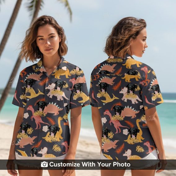 Woman wearing a funny dinosaur Hawaiian shirt with dog face, bright tropical colors