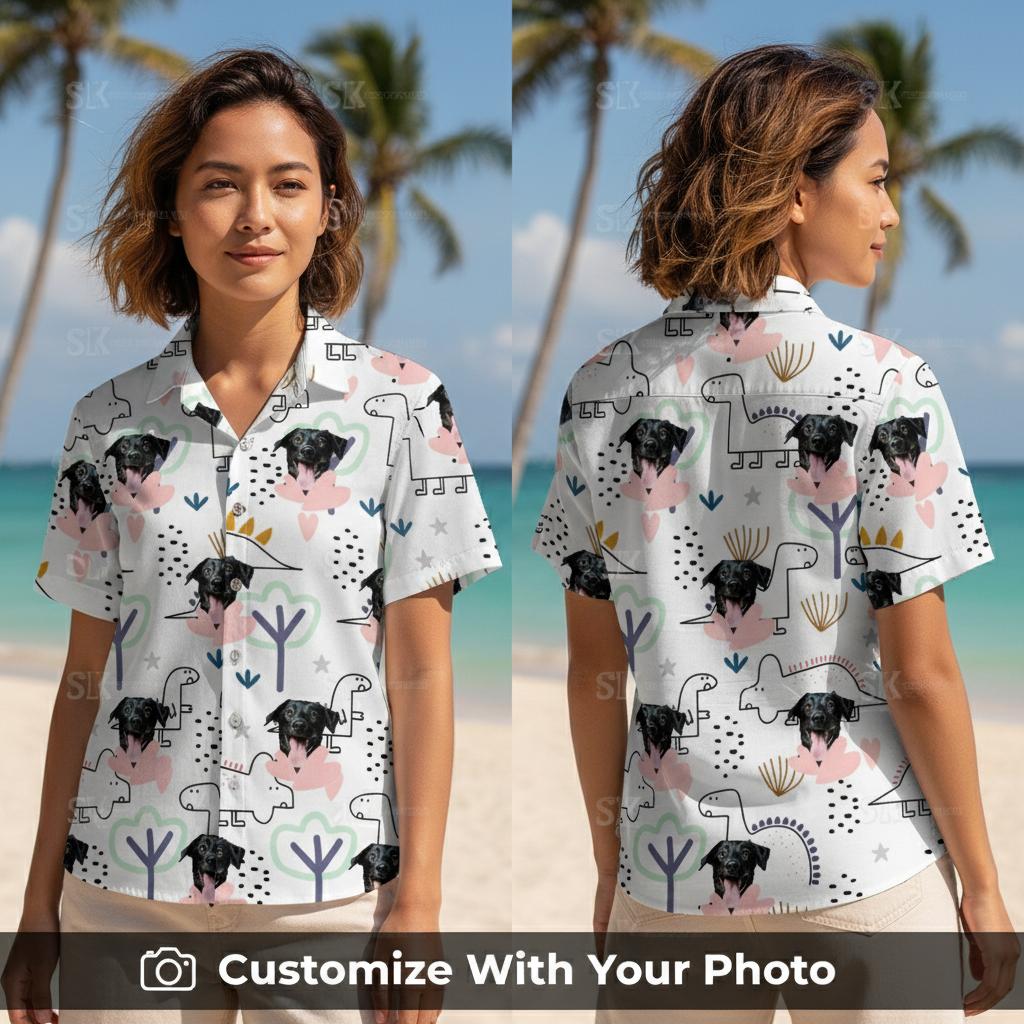 dinosaur hawaiian shirt mens — tropical dino print with custom dog faces