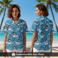 Woman smiling in blue Hawaiian shirt with dinosaur skeletons and custom faces outdoors
