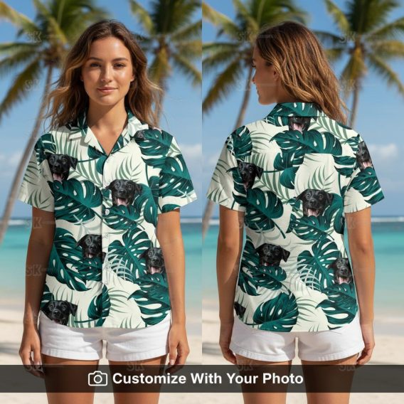 Woman wearing a white and green Hawaiian shirt with custom dog face and monstera leaves