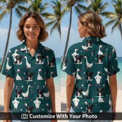 Woman wearing custom dog face Hawaiian shirt with geese, mushrooms, teal pattern