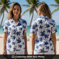 Woman in blue and purple fish aloha shirt, tropical vibes, island-style fashion