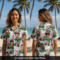 Woman wearing flamingo hawaiian shirt with pink flowers and green tropical leaves