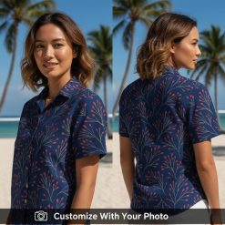 Woman wearing navy blue floral Hawaiian shirt with bold red and beige botanical print