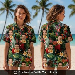 Woman wearing custom face fruit Hawaiian shirt with tropical leaves and red strawberries