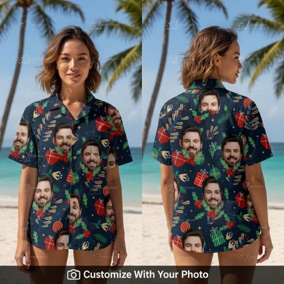 Woman in a funny Hawaiian shirt with Christmas prints and a custom face design