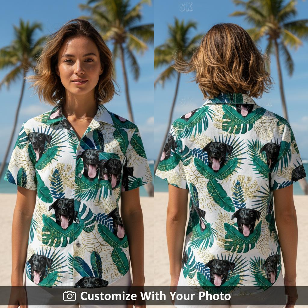 dog hawaiian shirt — green tropical leaves pattern woman beach style