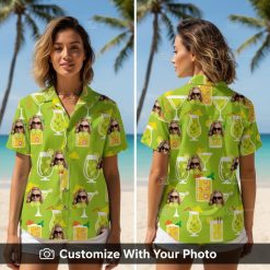 Woman in green Hawaiian shirt with tropical drinks and sunglasses face design