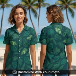 Woman wearing green tropical leaf print Hawaiian shirt, forest-inspired design