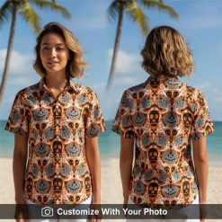 Woman wearing a Halloween Hawaiian shirt with ghosts, skulls, and pumpkins outdoors