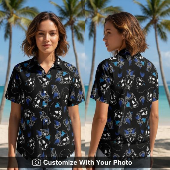 Woman wearing Halloween Skull Hawaiian shirt with blue skulls, perfect spooky summer style.