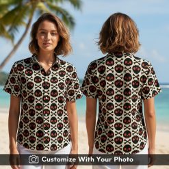 Woman wearing Halloween Skull Shirt with bold black, red, and white skull design