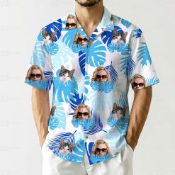 Hawaiian shirt with blue tropical leaves and custom face photos pattern