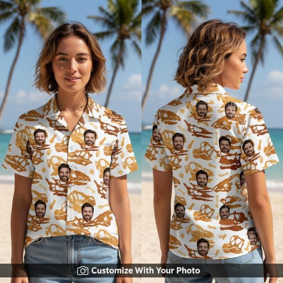 Woman wearing mens Hawaiian shirt with dinosaur skulls and custom face print outdoors