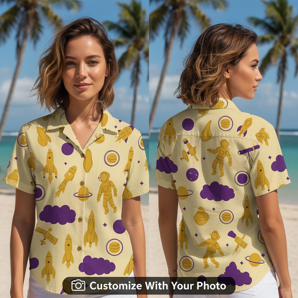Woman wearing Mandalorian Grogu Hawaiian shirt with astronauts and rockets pattern